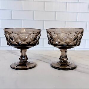 Vintage Smoky Brown Sherbet Glasses Set of 2, 1970s Pressed Glass Pedestal